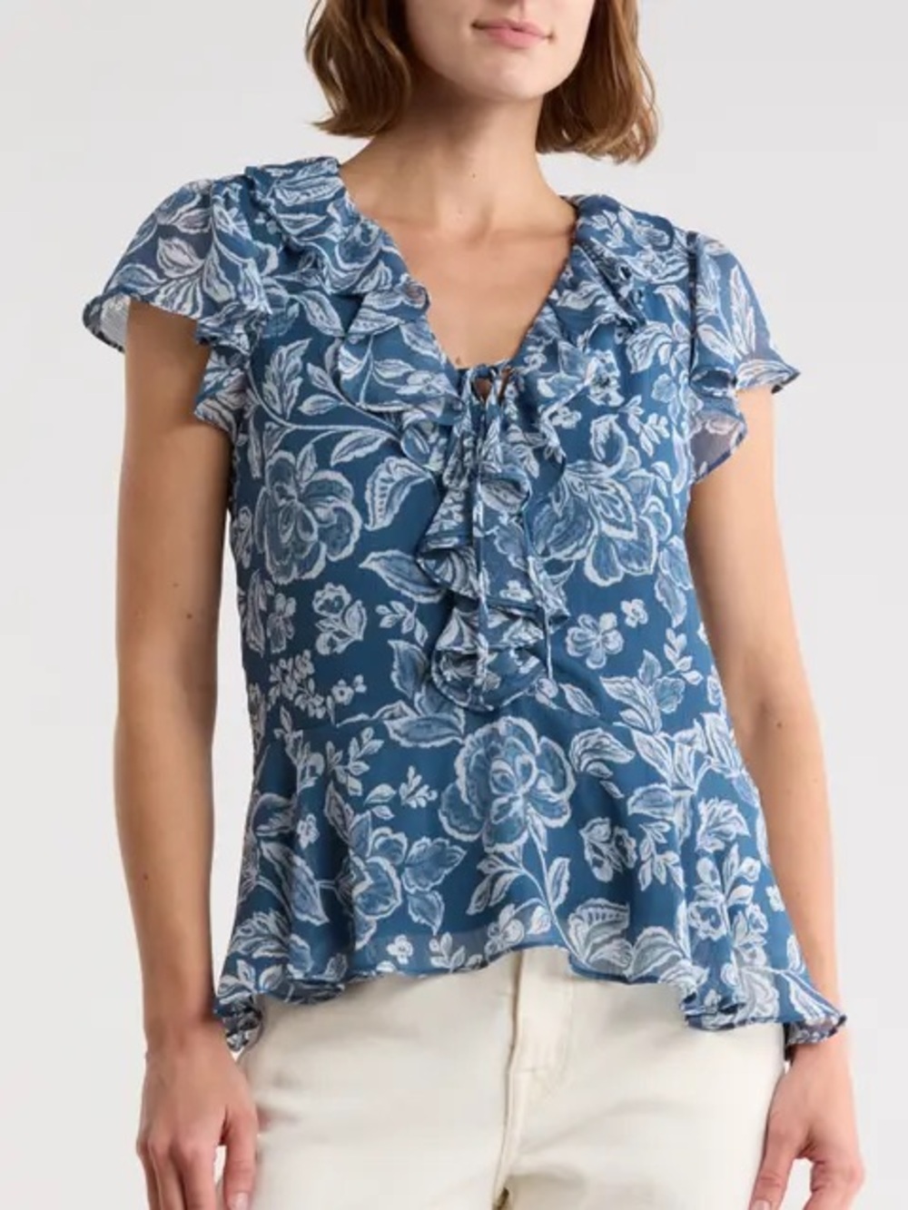 CeCe Floral Flutter Sleeve Ruffle Peplum Top - L